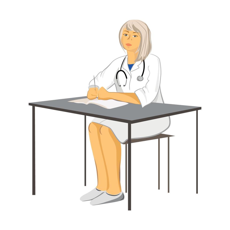 femme médecin avec un stéthoscope et dans une blouse médicale en épicéa est assise à une table et écrit illustration vectorielle. personnage de dessin animé jolie illustration de femme médecin isolée sur fond blanc vecteur