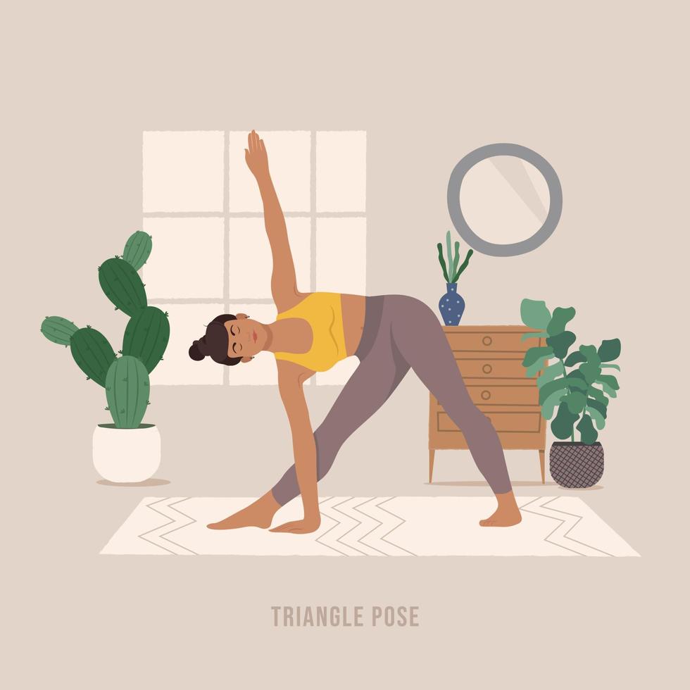 posture de yoga triangulaire. jeune femme pratiquant la pose de yoga. vecteur