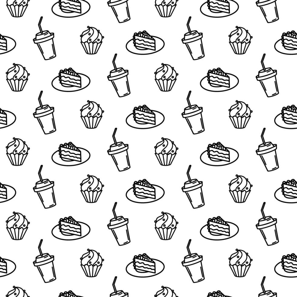 motif harmonieux dessiné à la main avec un morceau de gâteau, une assiette, un dessert, un verre de soda, du café, un beignet, un cupcake glacé sur fond blanc. page de coloriage pour adultes et enfants. doodle fournitures alimentaires sucrées vecteur