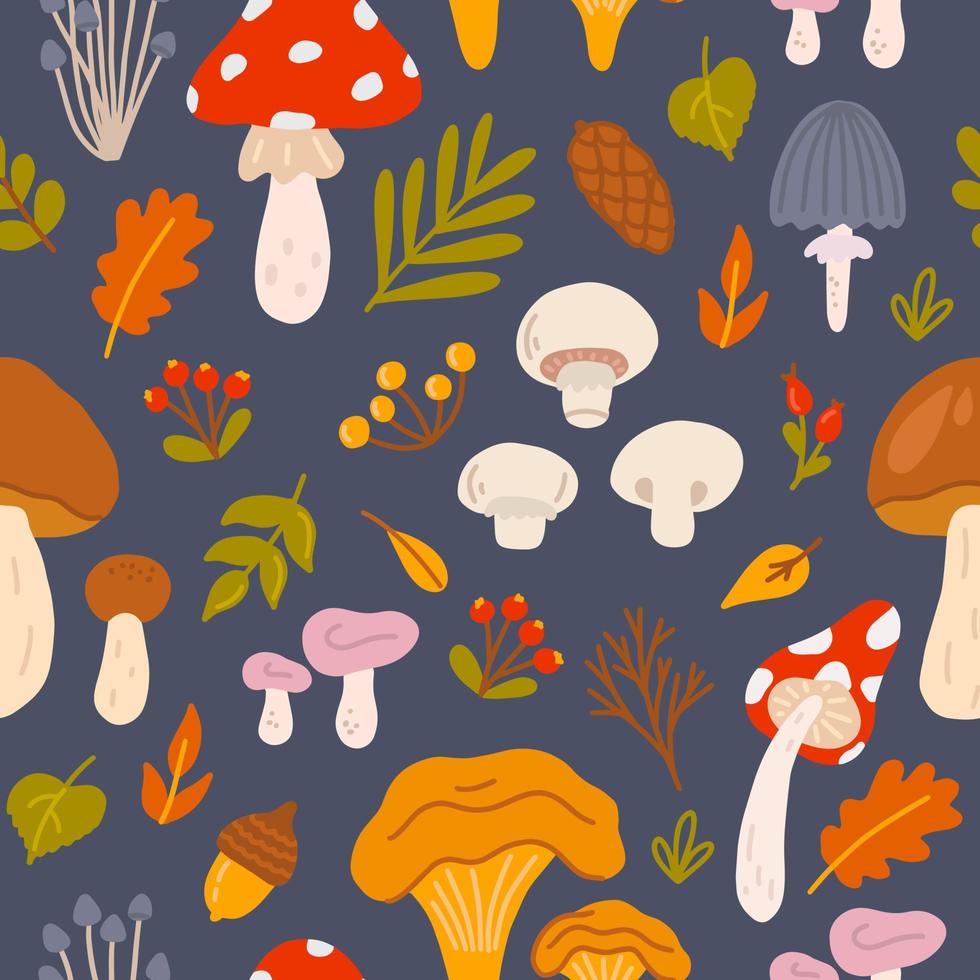 différents champignons avec des feuilles et des baies sur fond sombre, motif vectoriel sans couture
