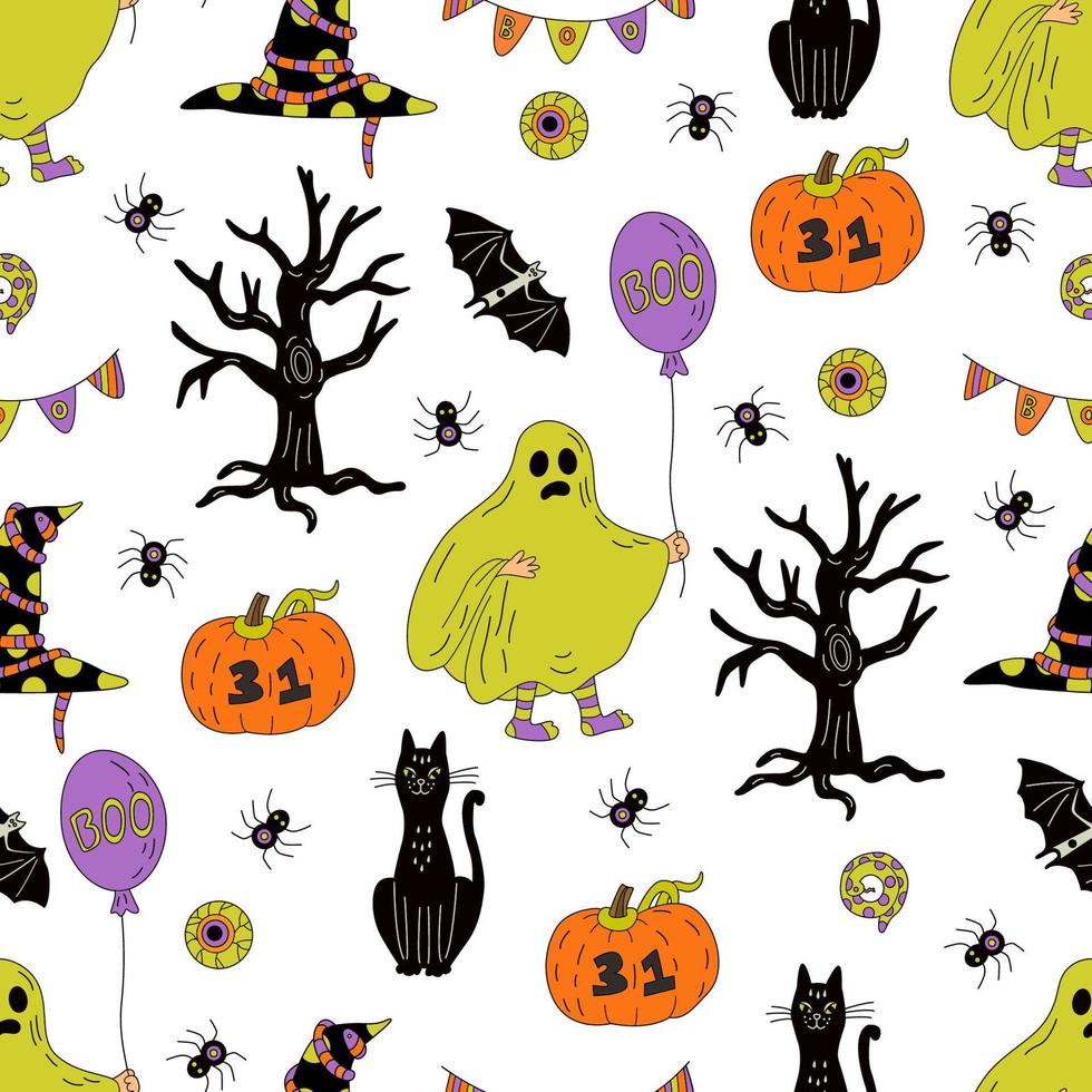 modèle sans couture avec enfant portant un costume de fantôme, des citrouilles, des ballons, des chauves-souris et des guirlandes boo sur fond blanc. illustration colorée de doodle dessinés à la main de vecteur d'halloween.