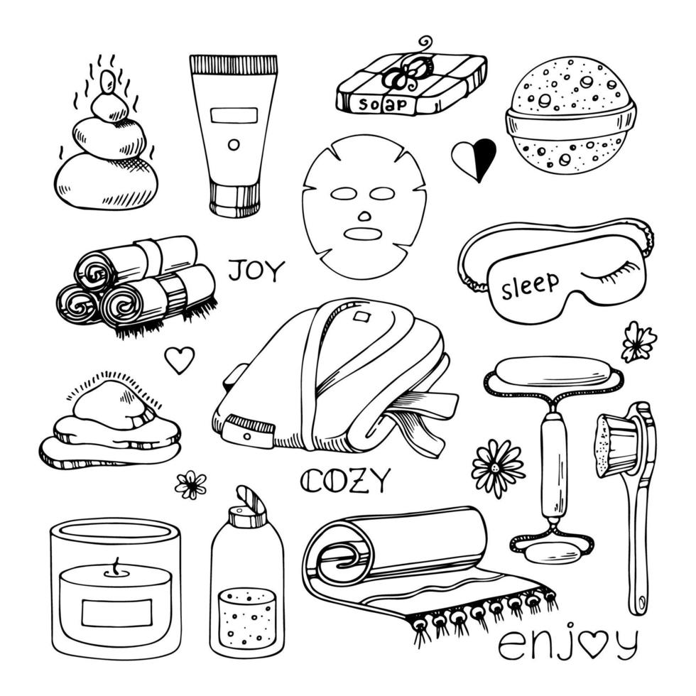 ensemble de doodle de sauna. accessoires de bain dessinés à la main. illustration de contour de vecteur