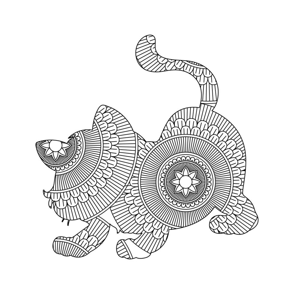page de coloriage de mandala de chat mignon pour enfants et adultes illustration de style de conception d'art de ligne vectorielle. vecteur