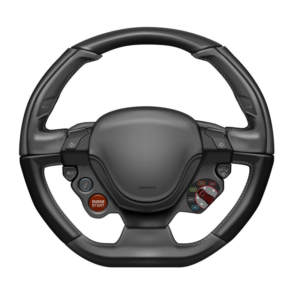 pièces d'auto de supercar de volant de vecteur réaliste pour le contrôle de la direction de direction recouvert de cuir gris et de motif de kevlar noir avec mode de contrôle sur un blanc