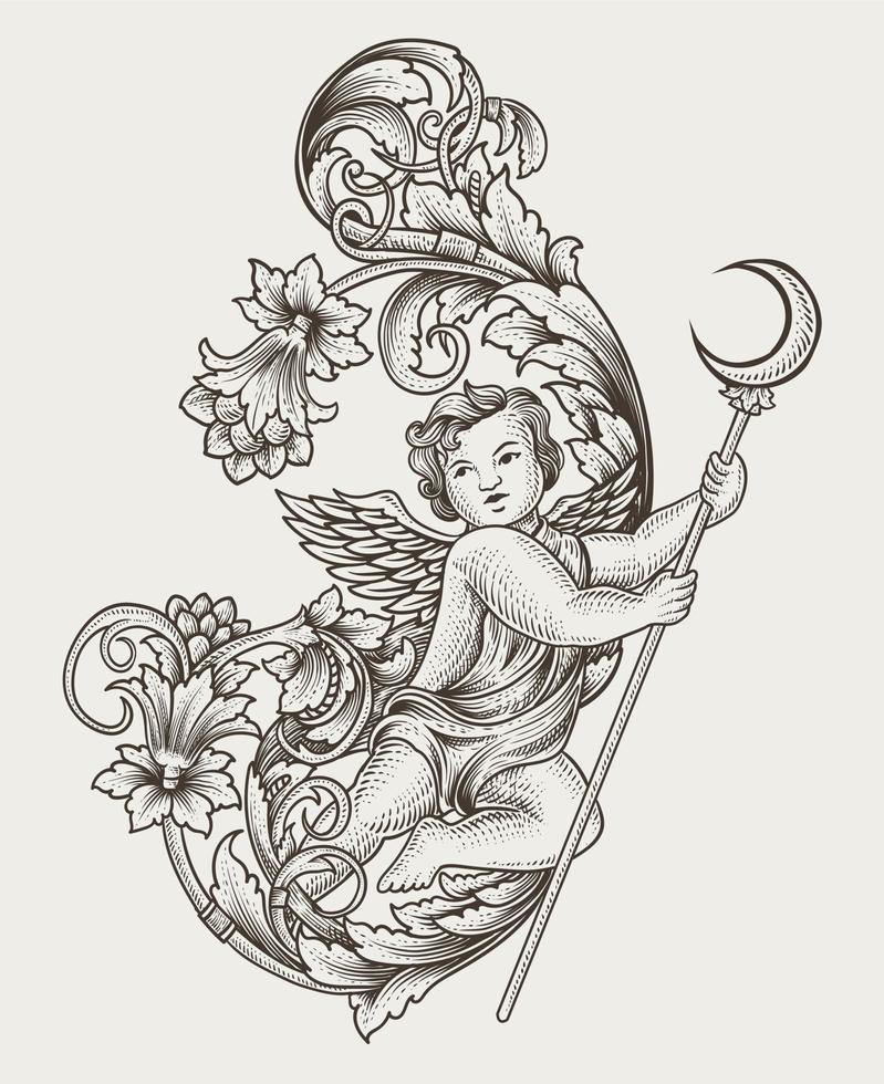 illustration ange cupidon avec ornement de gravure style antique vecteur