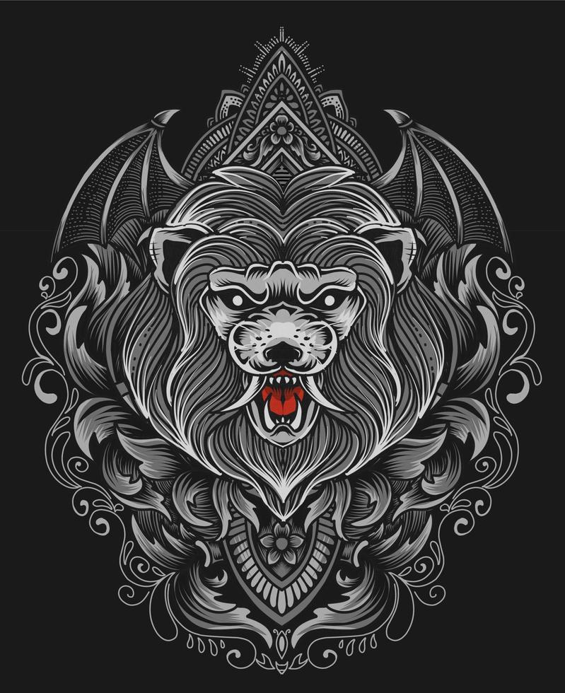 illustration tête de lion isolée avec ornement de gravure vecteur
