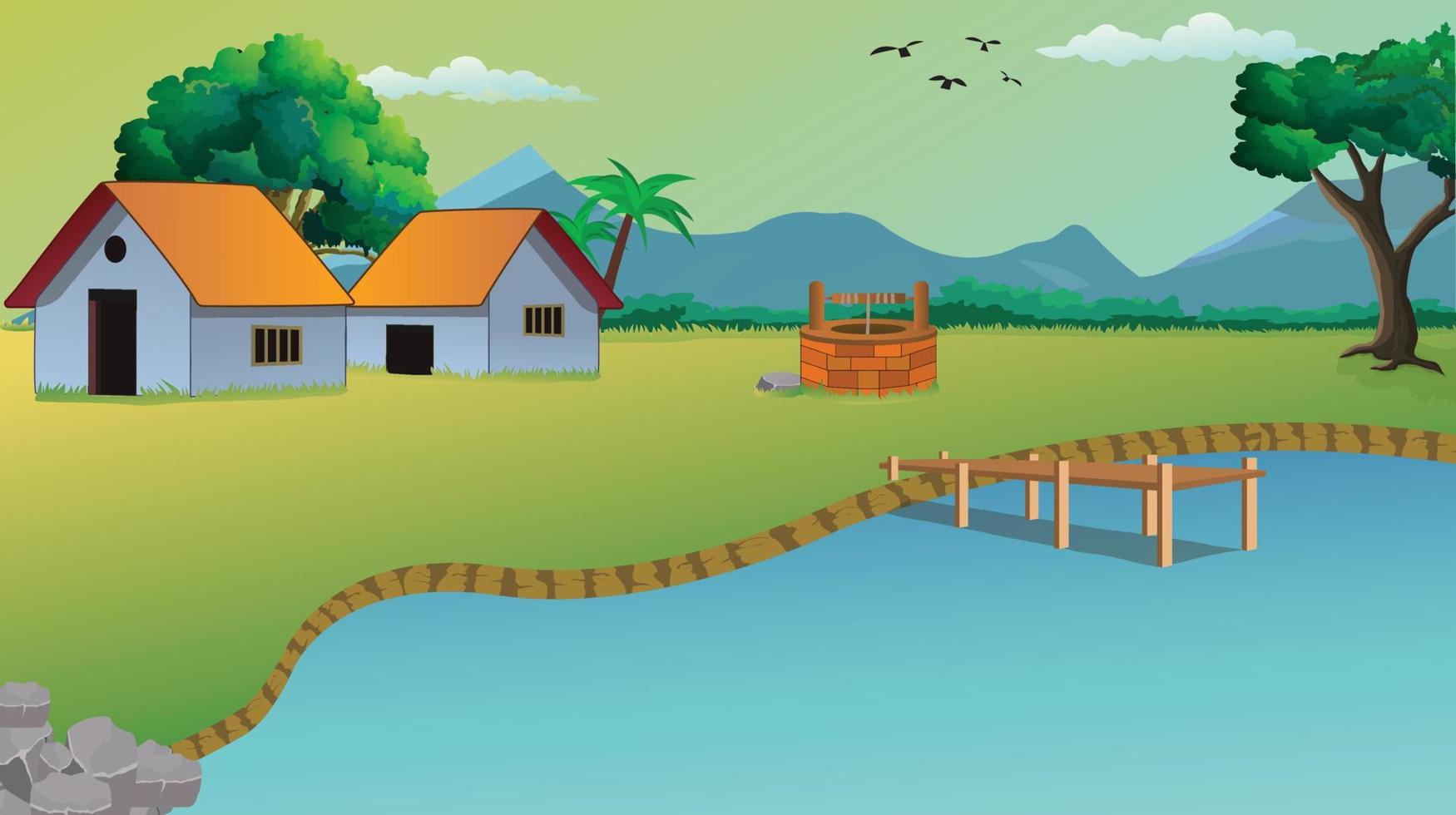 illustration de fond de dessin animé de village avec chalet de style ancien, lac, puits, arbres, route étroite, montagnes et herbe verte. vecteur