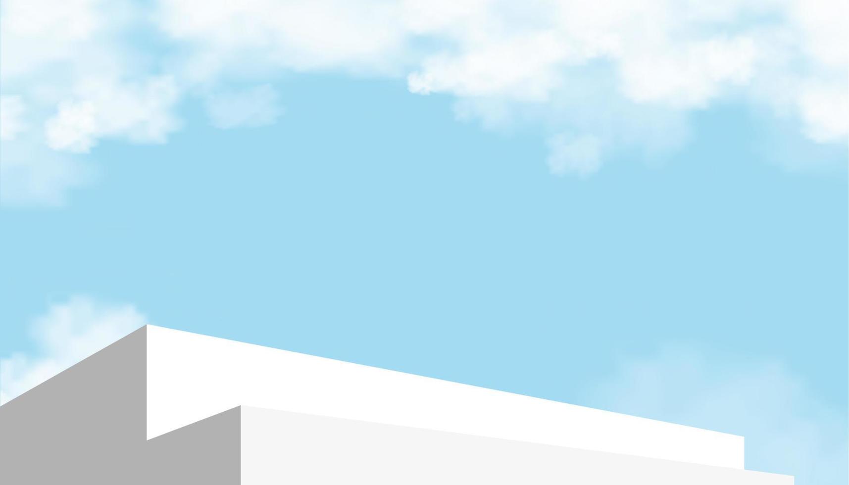 Marche du podium 3d avec plate-forme géométrique sur fond de ciel bleu, bannière d'horizon vectoriel avec vitrine de scène ou maquette d'escalier sur les nuages d'été, conception de scène minimale avec support pour le printemps, cosmétique d'été