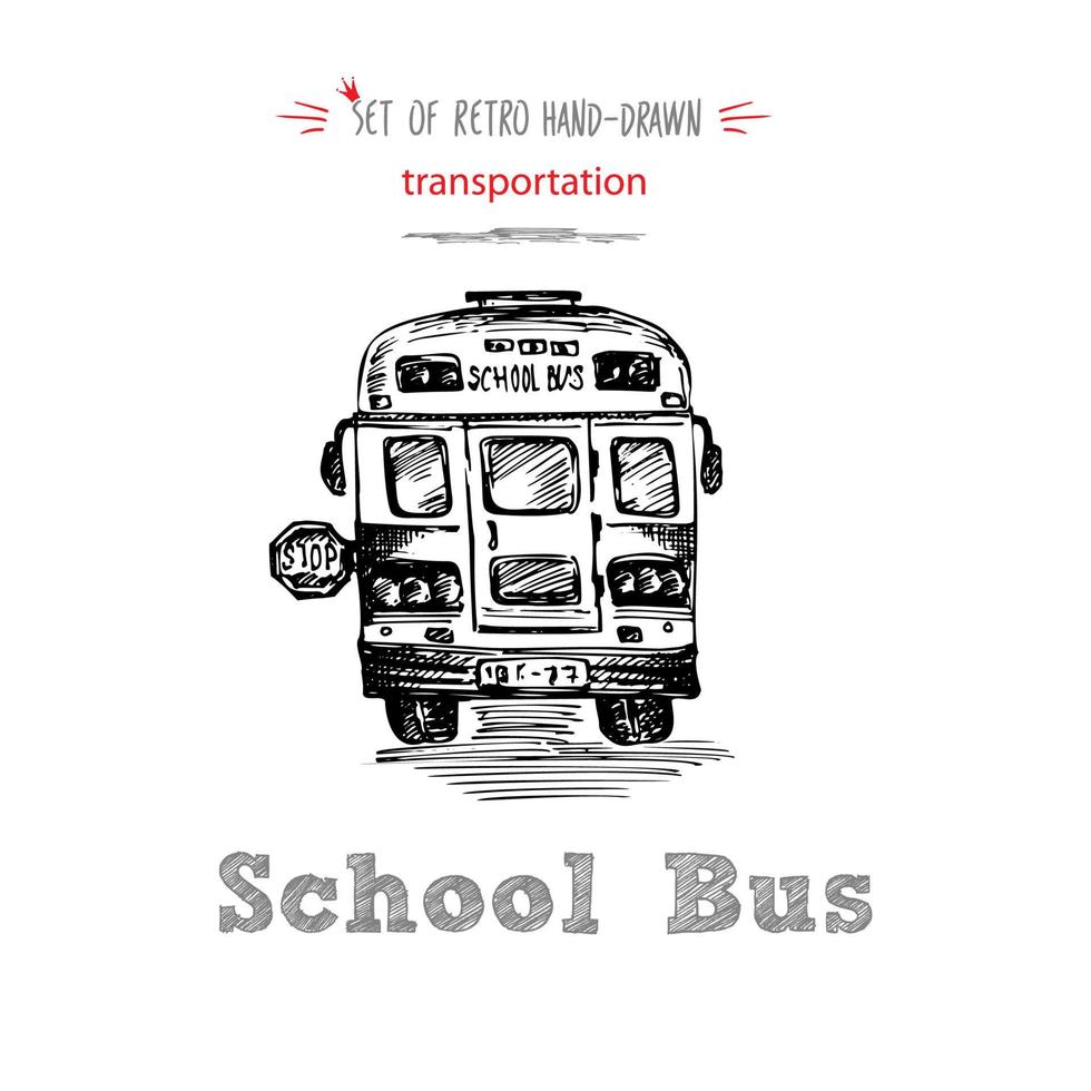 symbole d'autobus scolaire dessiné à la main sur fond blanc. avec texte autobus scolaire. fond d'époque. bonne idée pour la conception de tableau vecteur