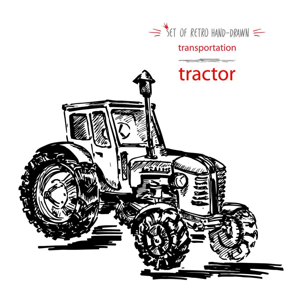 tracteur de transport vintage dessiné à la main. croquis à l'encre rapide. illustration de vecteur noir isolé sur fond blanc