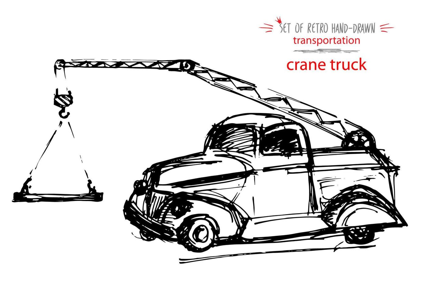 camion-grue de transport vintage dessiné à la main. croquis à l'encre rapide. illustration vectorielle noire vecteur
