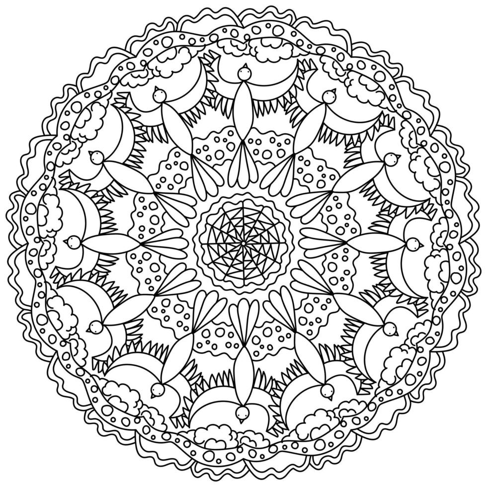 mandala de contour avec des motifs et des oiseaux fantastiques à colorier sous la forme d'un cercle avec des éléments ornés vecteur