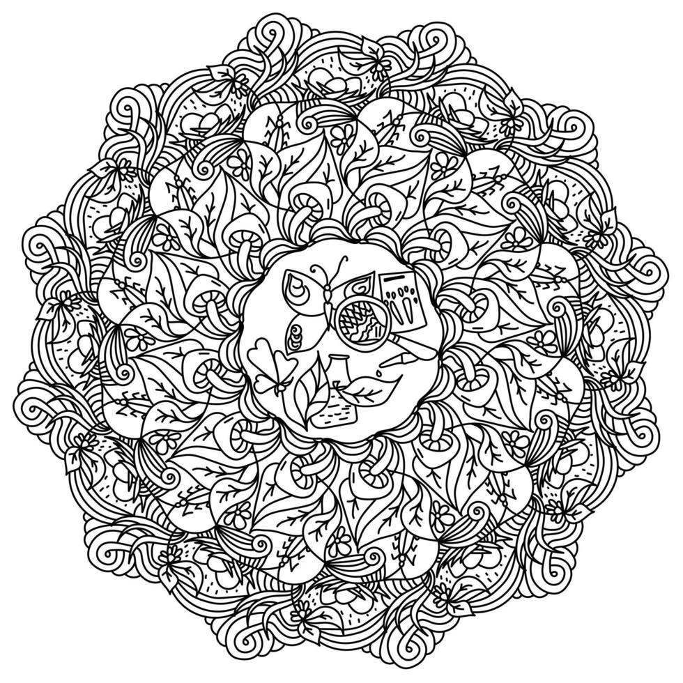 mandala sur le thème de la science de la biologie, coloriage de contour sous la forme d'un cadre rond et divers symboles naturels avec des motifs vecteur