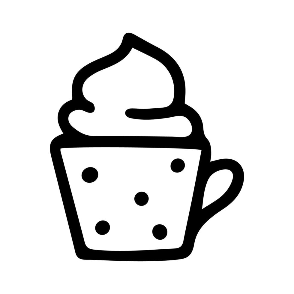 boisson de vacances de noël avec signe de crème. doodle noir isolé sur fond blanc. élément de design d'hiver. tasse de chocolat chaud ou de café dessinée à la main. illustration vectorielle, lettrage vecteur