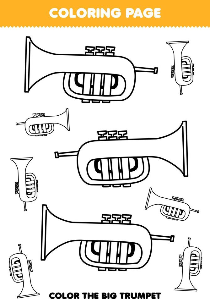 jeu d'éducation pour les enfants coloriage grande ou petite image de trompette d'instrument de musique feuille de travail imprimable vecteur