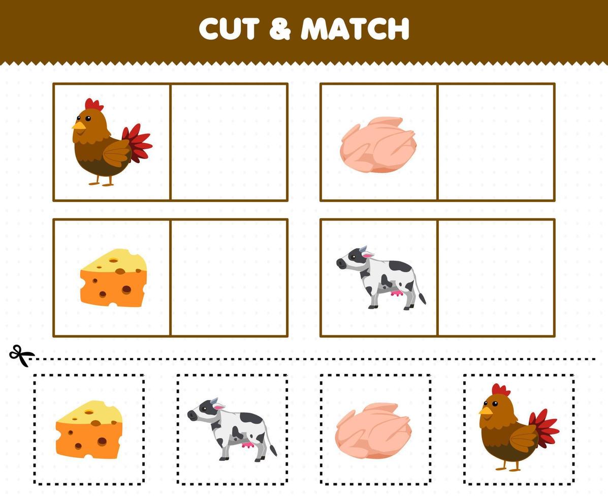 jeu éducatif pour les enfants couper et assortir la même image de dessin animé mignon poulet viande fromage vache feuille de travail de ferme imprimable vecteur