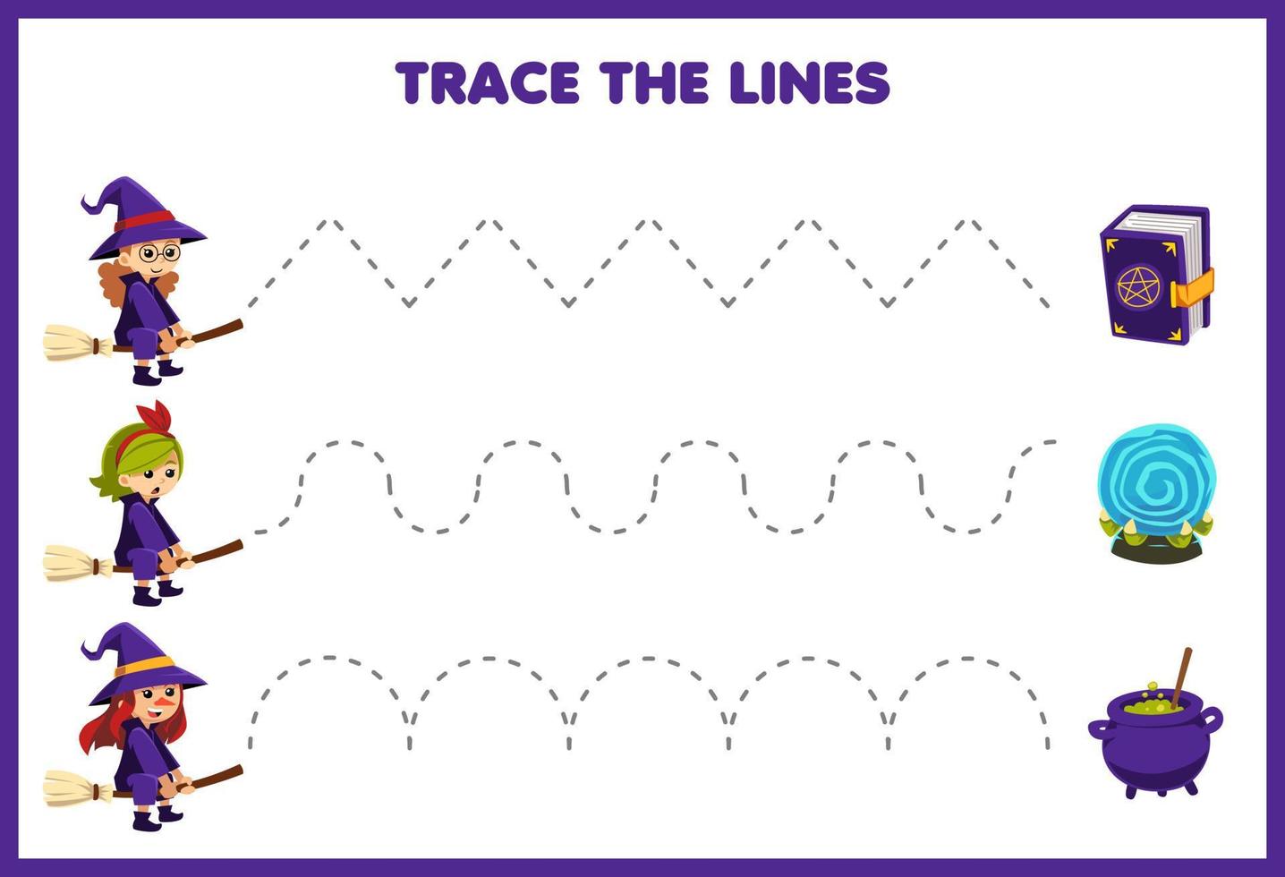 jeu d'éducation pour les enfants pratique de l'écriture tracer les lignes avec un livre de sorts de dessin animé mignon livre magique chaudron et costume de sorcière photo halloween feuille de travail imprimable vecteur