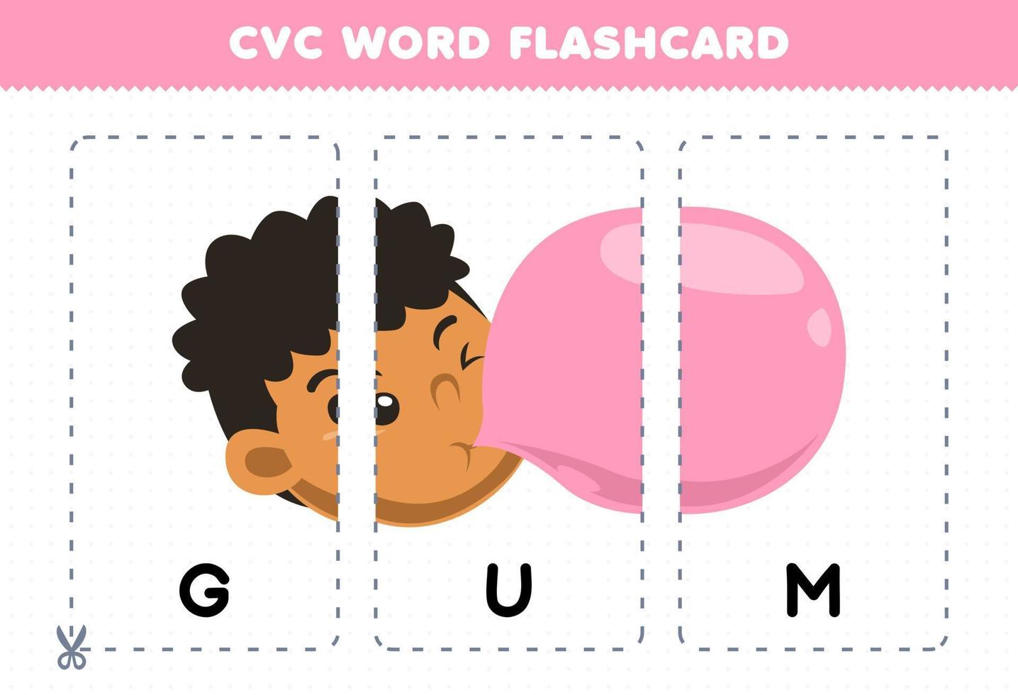 jeu d'éducation pour les enfants apprenant le mot de consonne de voyelle de consonne avec un garçon de dessin animé mignon souffler une illustration de gomme flashcard imprimable vecteur