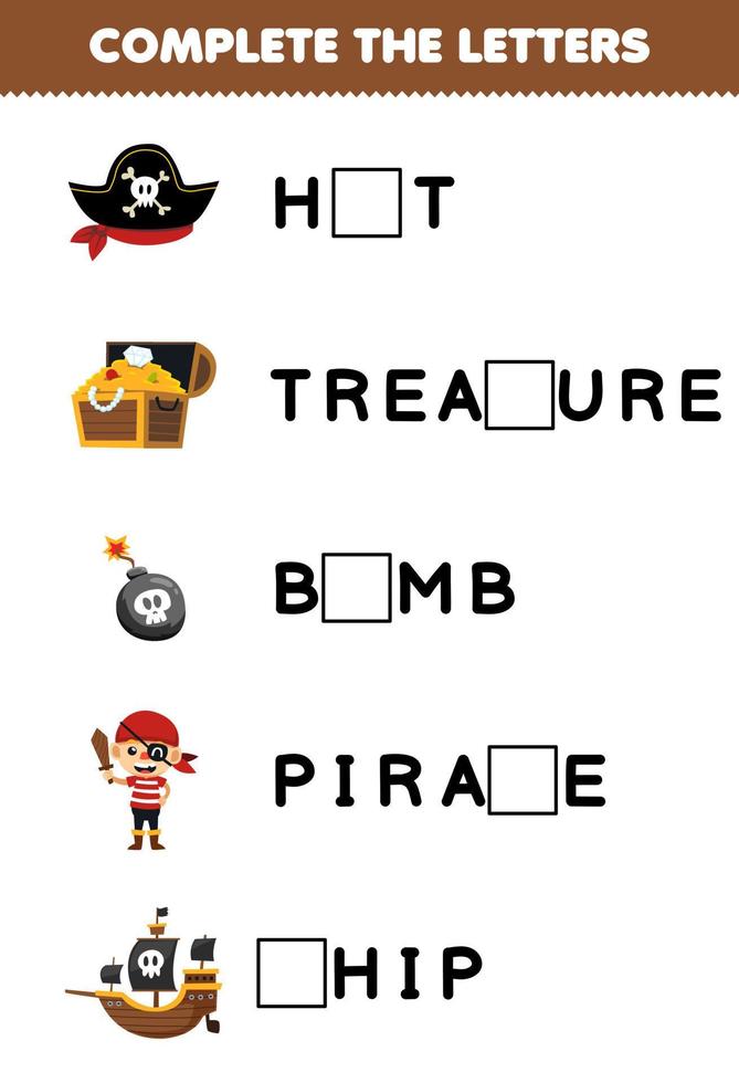 jeu d'éducation pour les enfants compléter les lettres de chapeau de dessin animé mignon bombe au trésor bateau pirate feuille de travail imprimable halloween vecteur