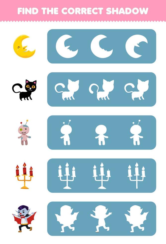 jeu d'éducation pour les enfants trouver l'ombre correcte silhouette de dessin animé mignon lune chat poupée vaudou bougie dracula feuille de travail imprimable halloween vecteur