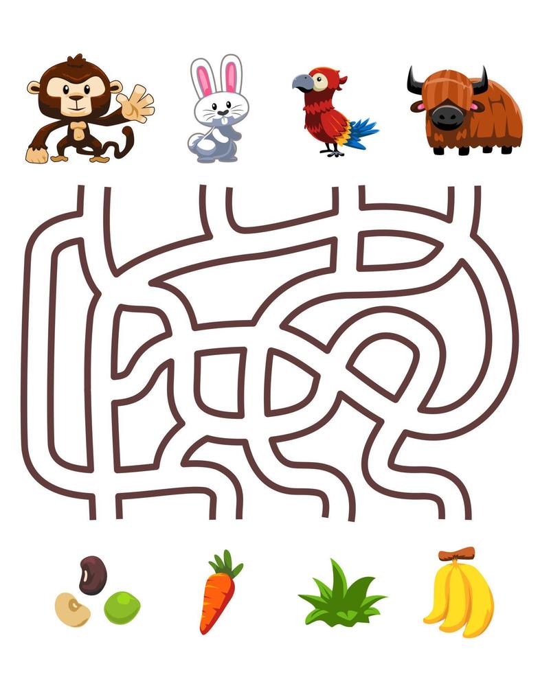 labyrinthe jeu de puzzle pour enfants paire mignon dessin animé singe lapin perroquet yak avec la bonne nourriture feuille de travail imprimable vecteur