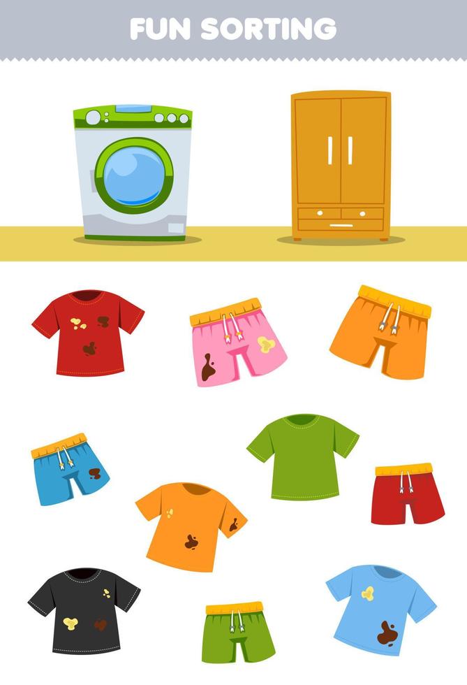 jeu éducatif pour les enfants tri amusant t-shirt et pantalon propres ou sales vêtements portables à la machine à laver ou au placard feuille de calcul imprimable vecteur