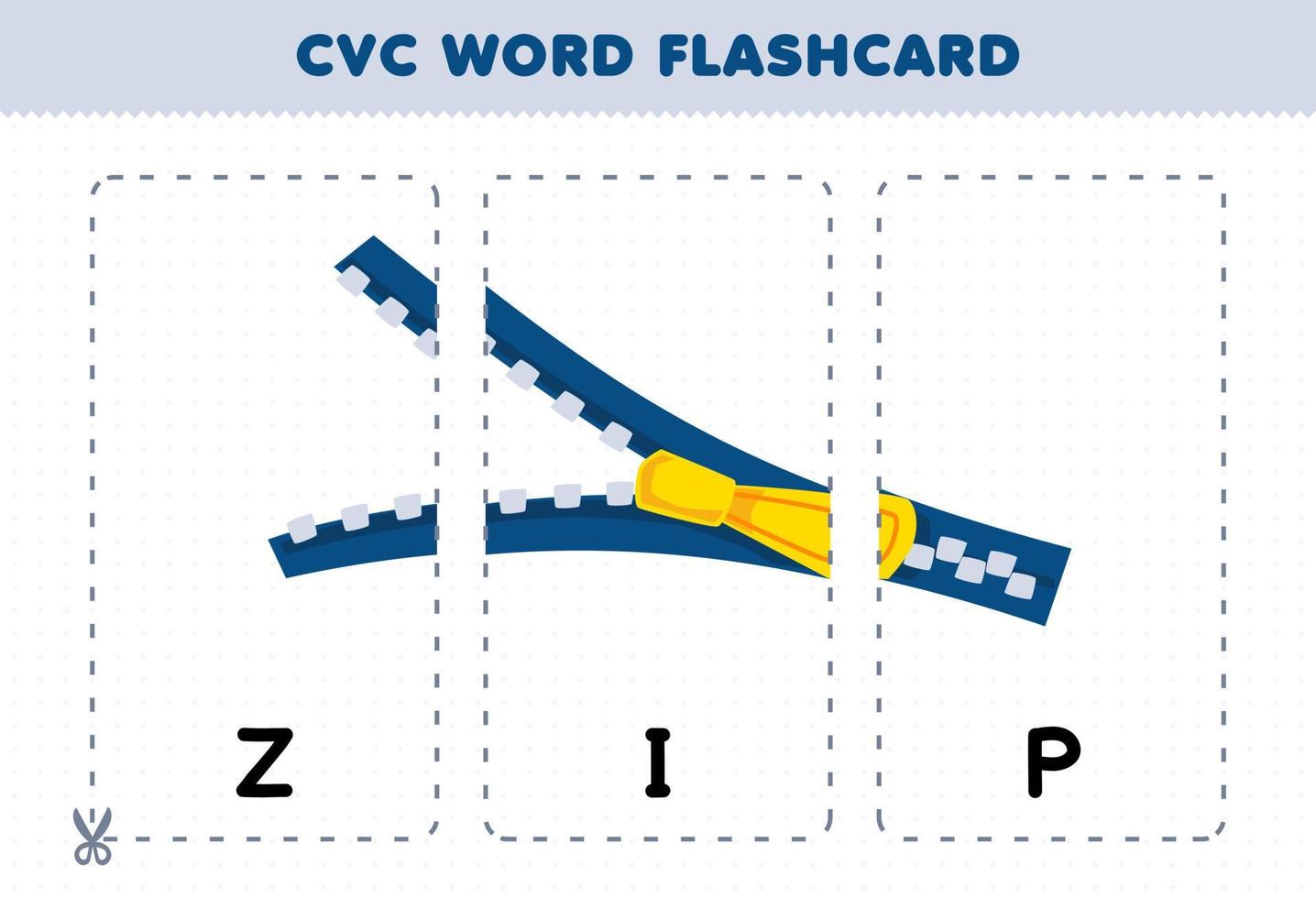 jeu d'éducation pour les enfants apprenant le mot de consonne de voyelle de consonne avec une carte flash imprimable d'illustration de zip de dessin animé mignon vecteur