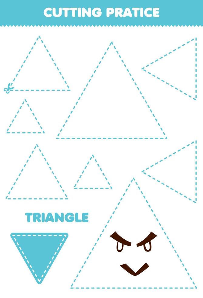 jeu éducatif pour les enfants s'entraînant à couper avec une feuille de travail imprimable en forme de triangle de forme géométrique vecteur
