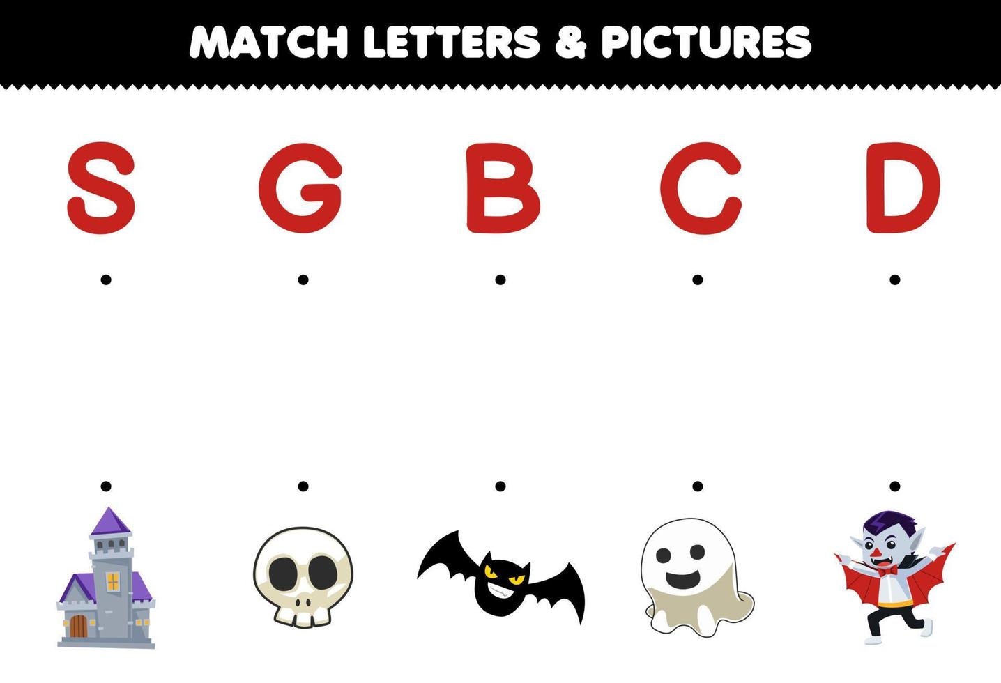 jeu éducatif pour les enfants match lettres et images de dessin animé mignon château crâne chauve-souris fantôme dracula halloween feuille de calcul imprimable vecteur