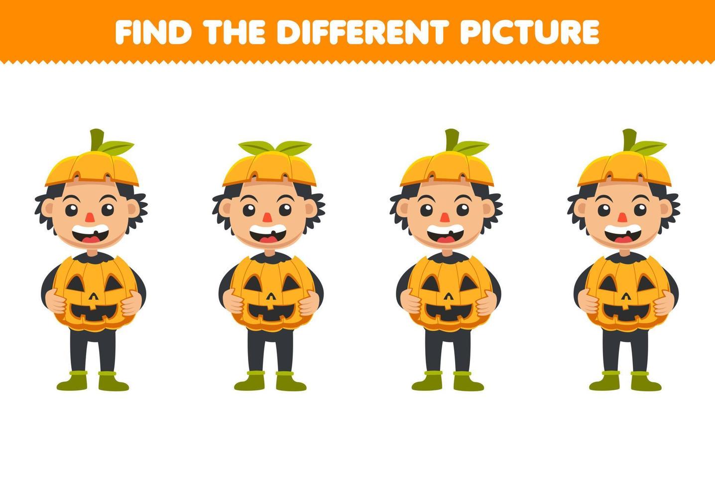 jeu éducatif pour les enfants trouver l'image différente dans chaque rangée de dessin animé mignon citrouille garçon costume halloween feuille de travail imprimable vecteur