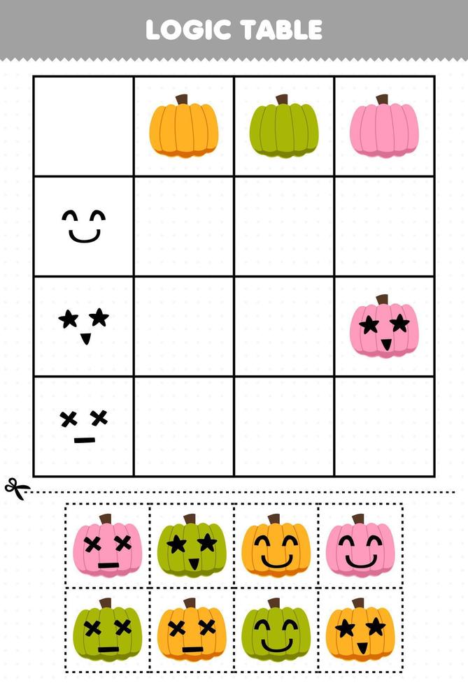 jeu d'éducation pour les enfants table logique citrouille et visage émotion feuille de calcul imprimable halloween vecteur