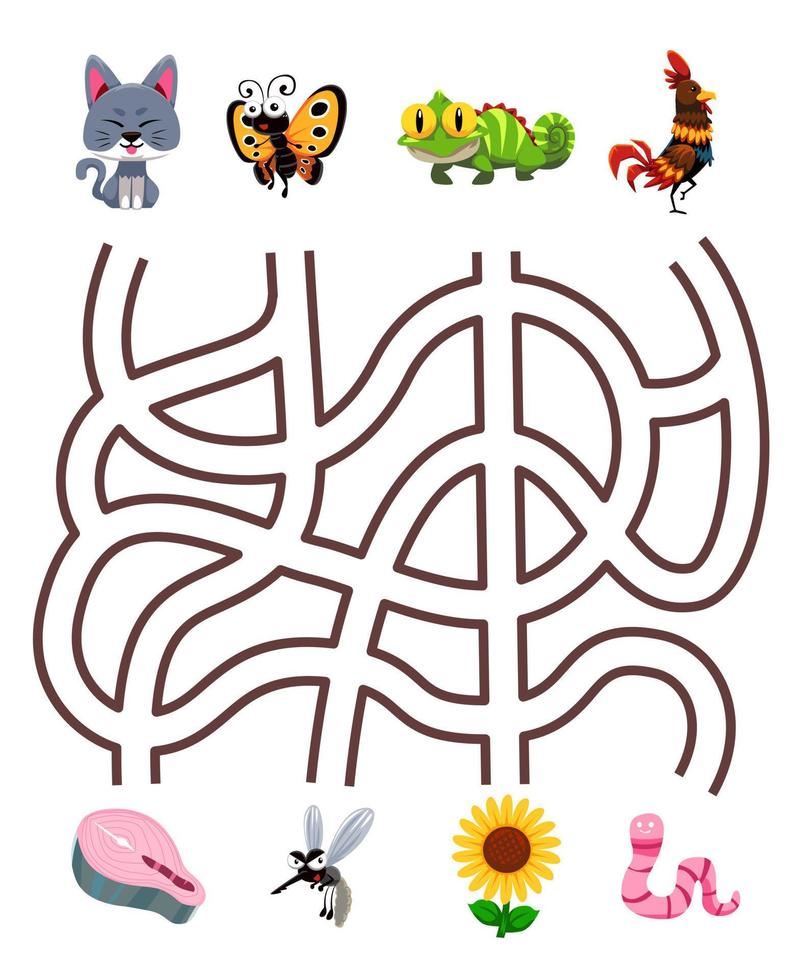 labyrinthe jeu de puzzle pour enfants paire dessin animé mignon chat papillon iguane poulet avec la bonne feuille de travail imprimable vecteur