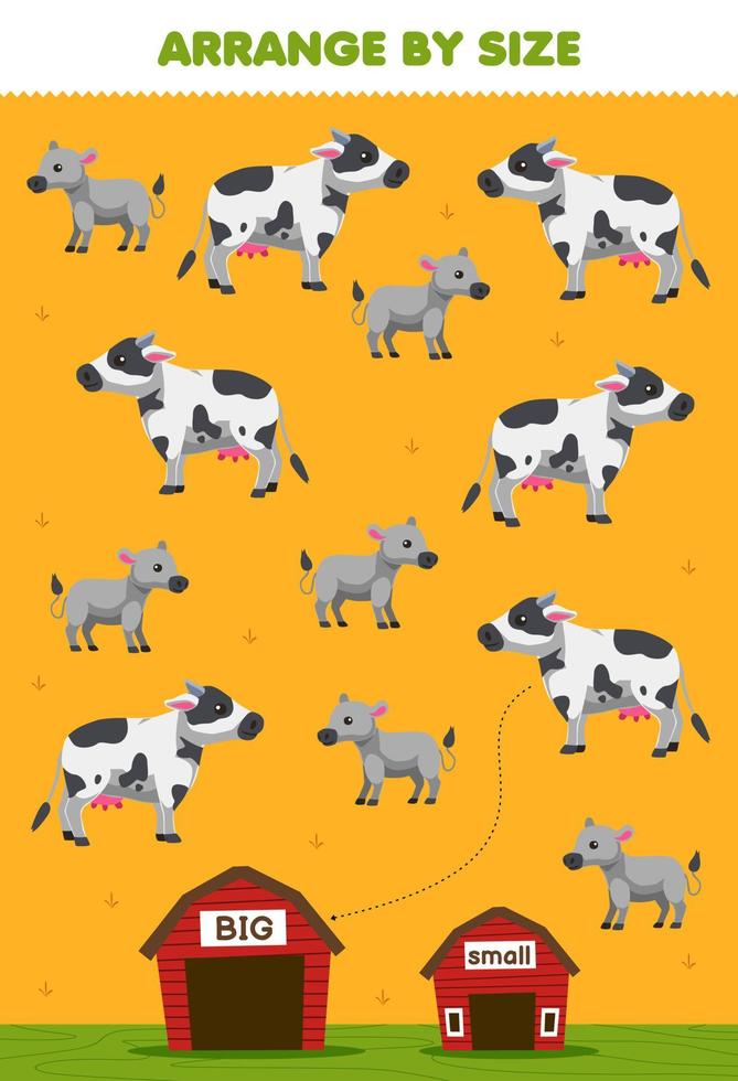 jeu éducatif pour les enfants organiser par taille grande ou petite mettez-le dans la grange de la feuille de travail de ferme imprimable de vache de dessin animé mignon vecteur