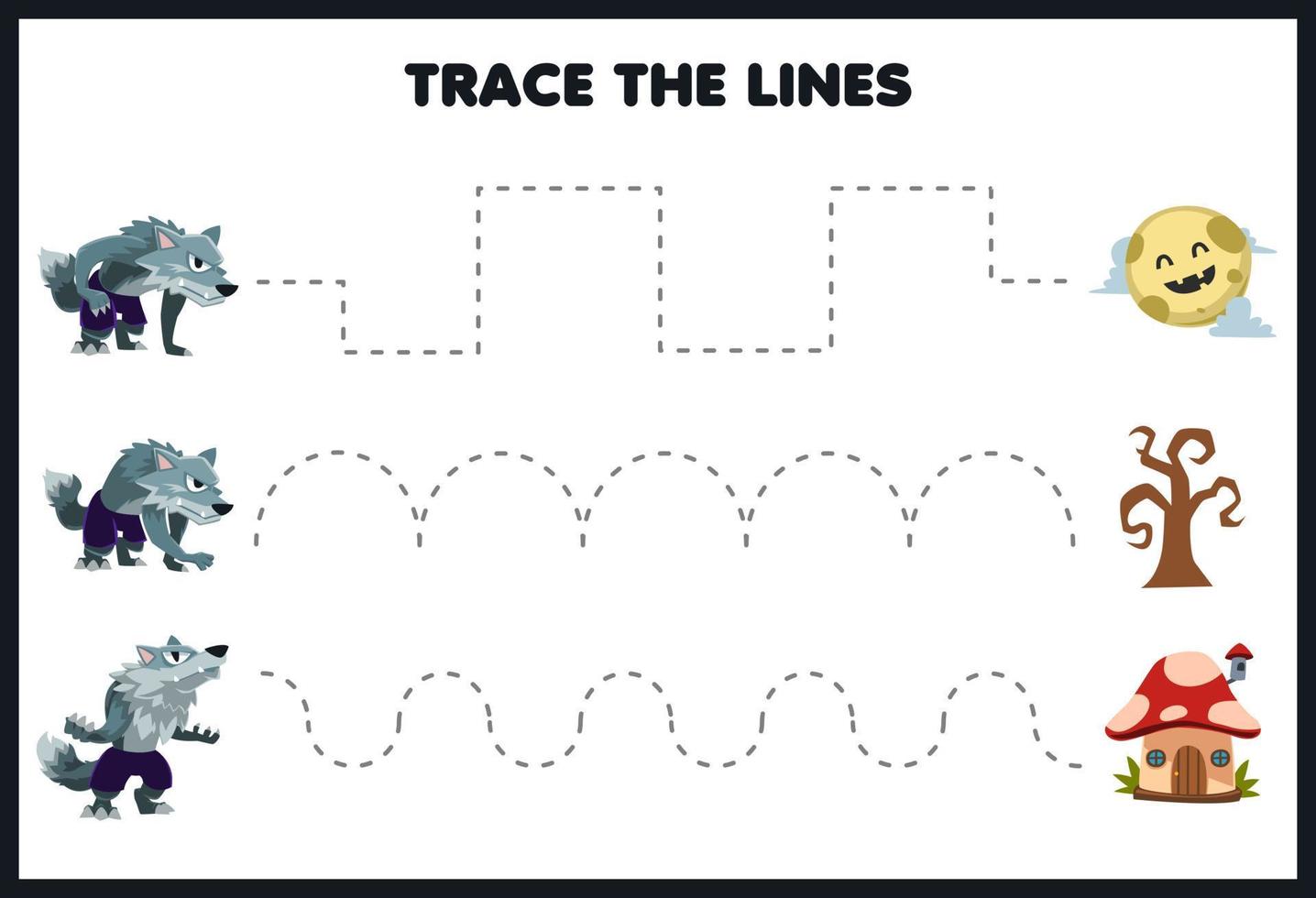 jeu d'éducation pour les enfants pratique de l'écriture manuscrite tracer les lignes avec dessin animé mignon lune champignon maison et image de loup-garou feuille de travail imprimable halloween vecteur