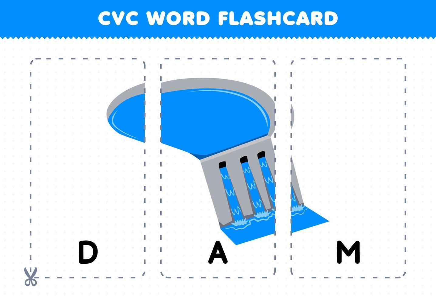 jeu d'éducation pour les enfants apprenant le mot de consonne de voyelle de consonne avec une carte flash imprimable d'illustration d'eau de barrage de dessin animé mignon vecteur