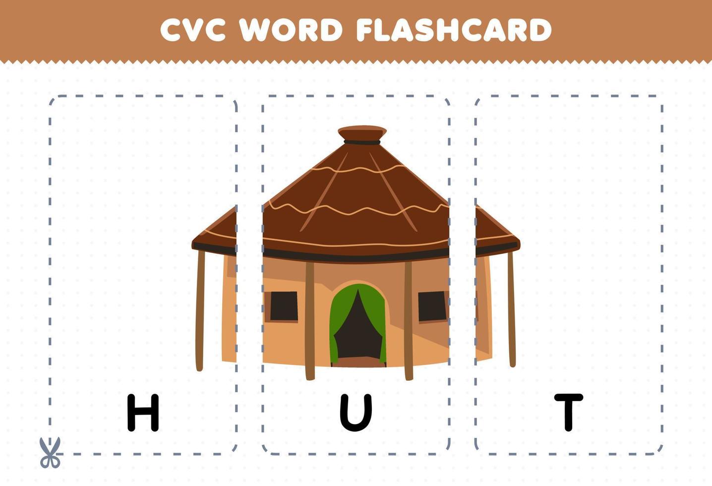 jeu d'éducation pour les enfants apprenant le mot de consonne de voyelle de consonne avec une illustration de cabane de dessin animé mignon carte flash imprimable vecteur