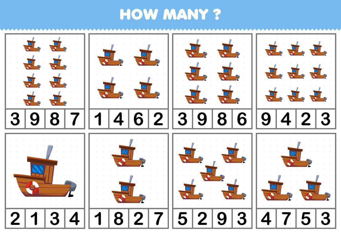 jeu éducatif pour les enfants comptant le nombre d'objets dans chaque table de feuille de travail imprimable de véhicule de transport par eau de bateau de dessin animé vecteur