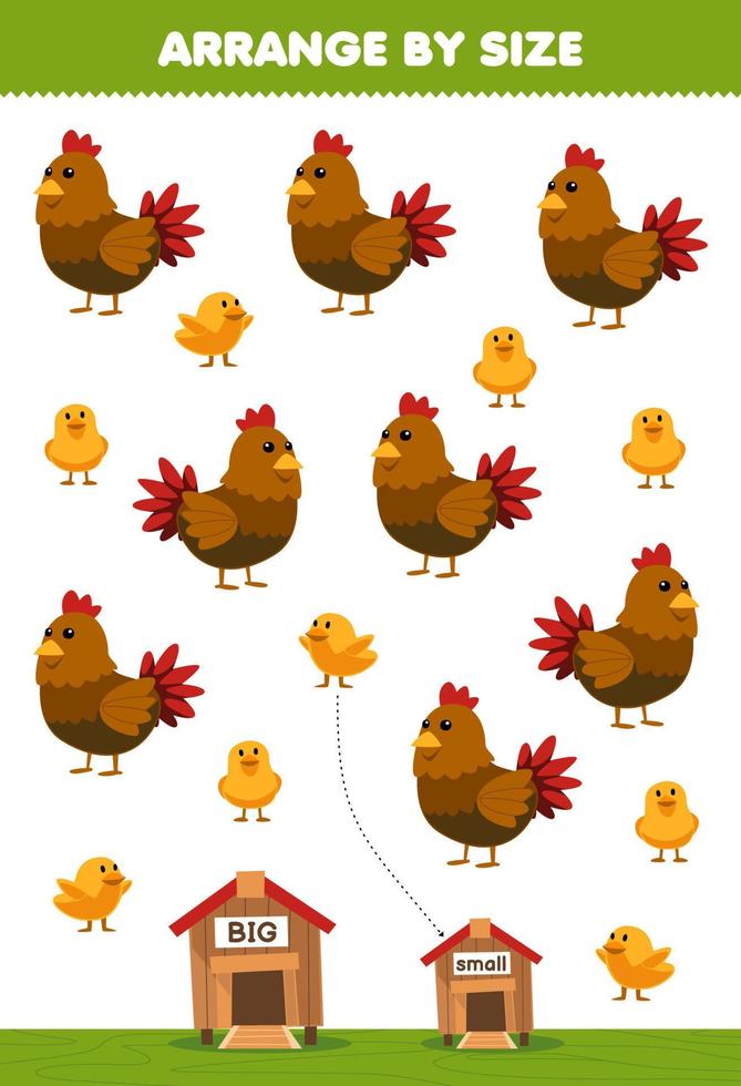jeu éducatif pour les enfants organiser par taille grande ou petite mettez-le dans le poulailler d'une feuille de travail de ferme imprimable de poulet de dessin animé mignon vecteur
