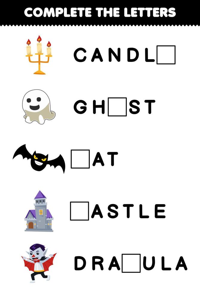 jeu éducatif pour les enfants compléter les lettres de dessin animé mignon bougie fantôme chauve-souris château dracula halloween feuille de calcul imprimable vecteur