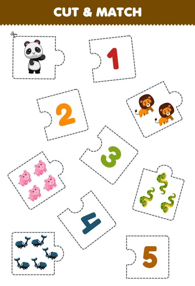 jeu éducatif pour les enfants couper une pièce de puzzle et faire correspondre par nombre de dessin animé mignon panda lion serpent cochon scarabée feuille de travail imprimable vecteur