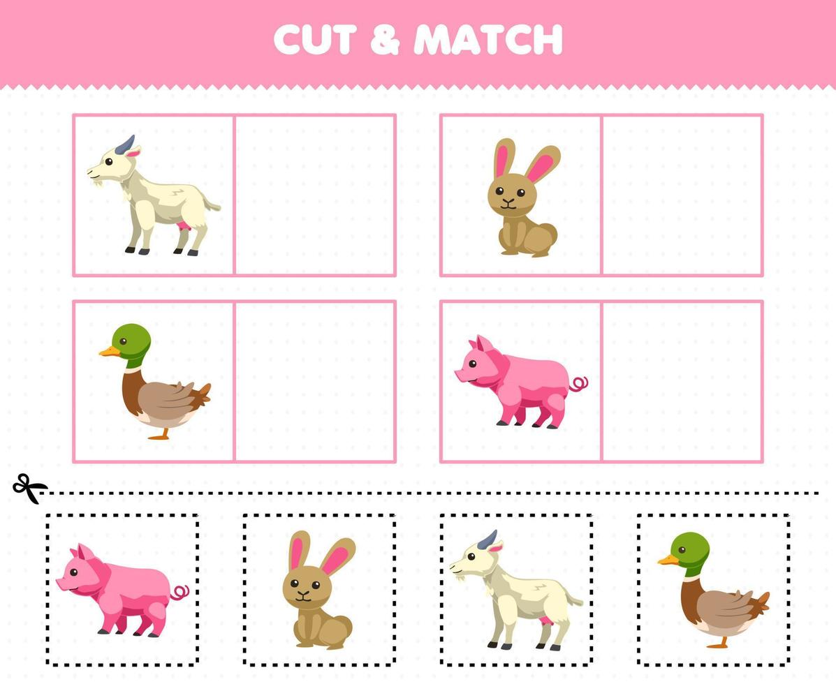 jeu éducatif pour les enfants couper et assortir la même image de dessin animé mignon chèvre lapin canard cochon feuille de travail de ferme imprimable vecteur