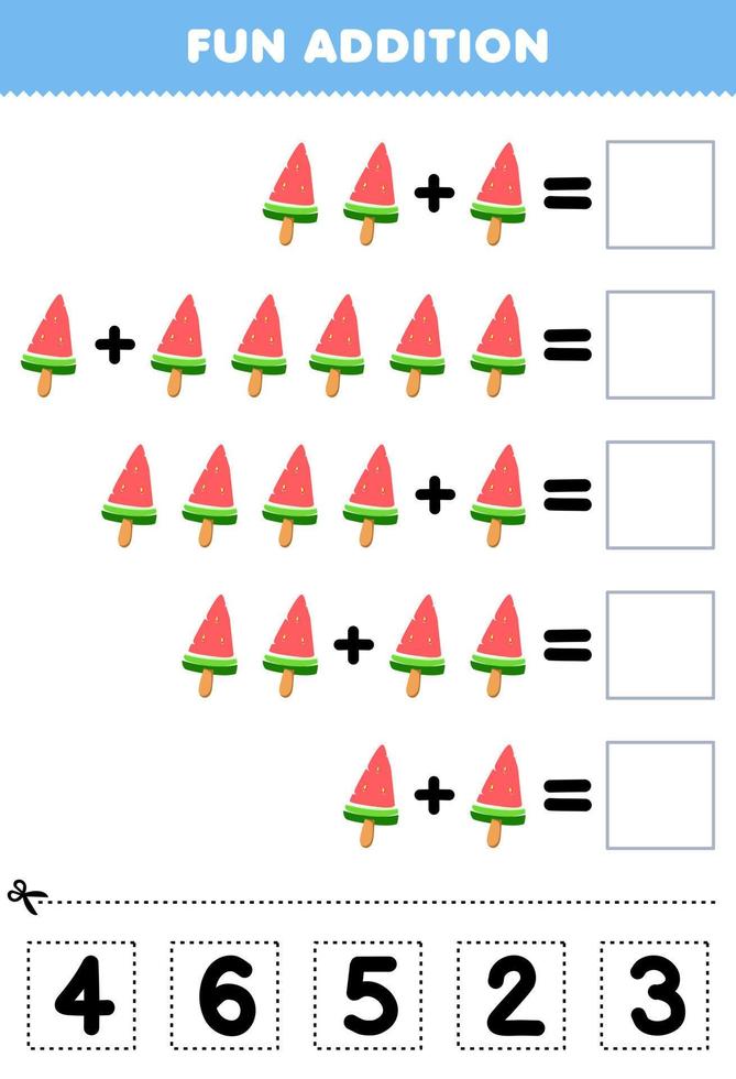 jeu éducatif pour les enfants addition amusante par coupe et correspondance nombre correct pour la feuille de travail imprimable de popsicle de nourriture de dessin animé vecteur