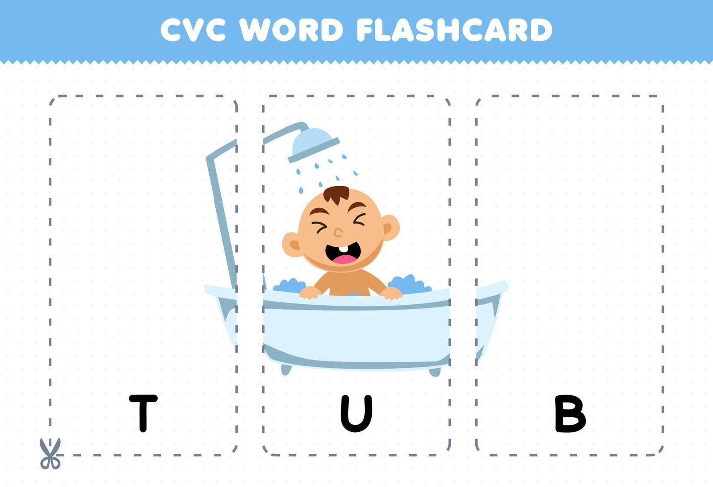 jeu d'éducation pour les enfants apprenant le mot de consonne de voyelle de consonne avec bébé de dessin animé mignon prendre une douche dans l'illustration de la baignoire flashcard imprimable vecteur