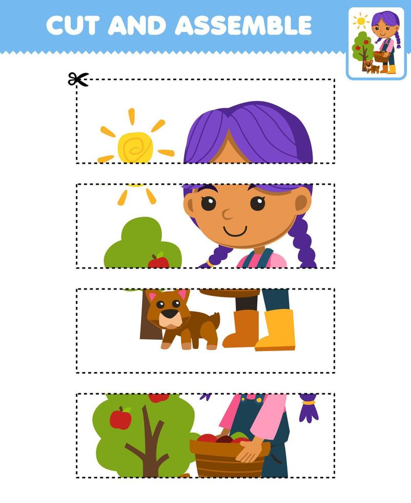 jeu éducatif pour enfants pratique de coupe et assemblage de puzzle avec un fermier de dessin animé mignon portant un panier de fruits à côté d'une feuille de travail imprimable de ferme de chien vecteur