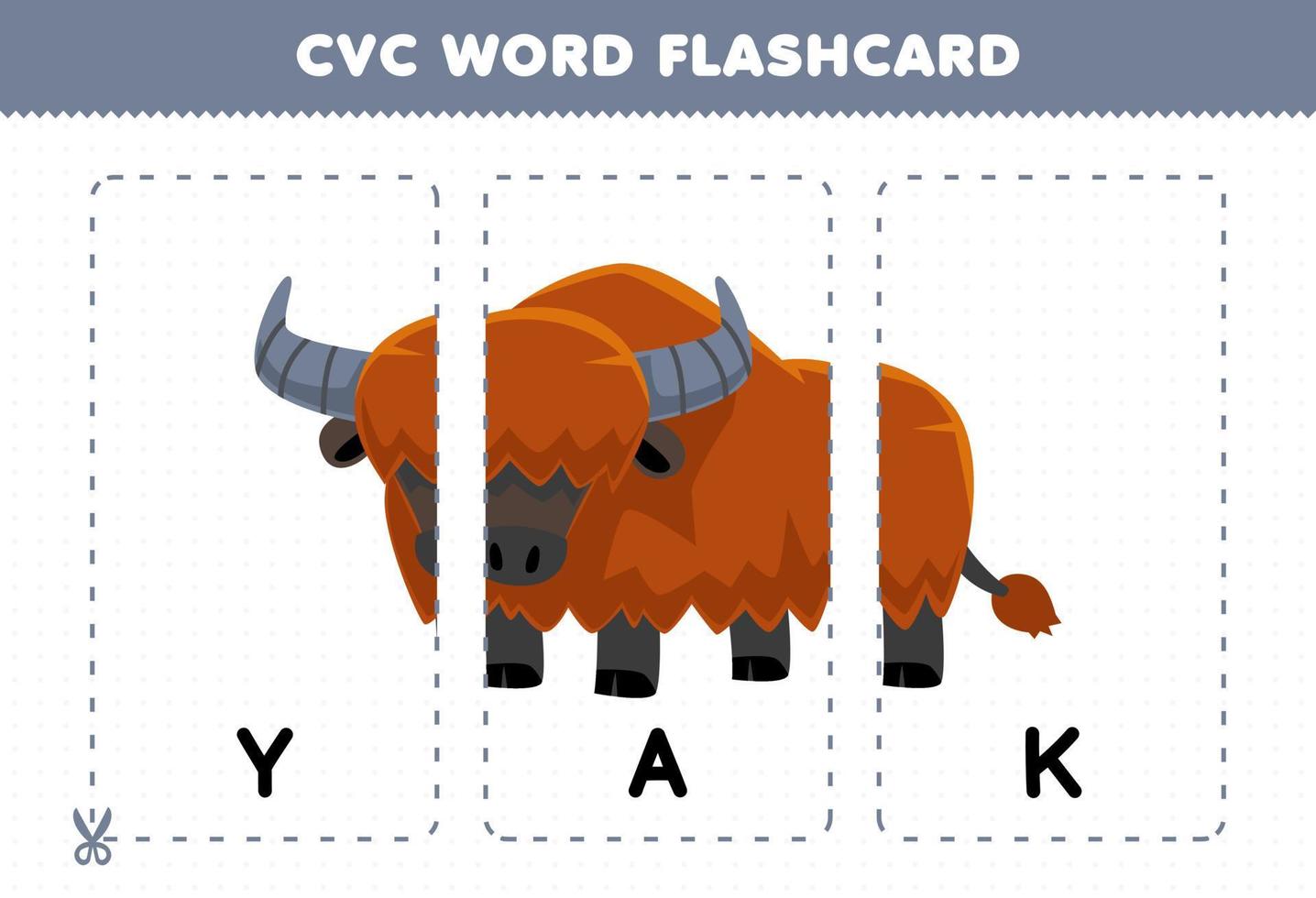 jeu d'éducation pour les enfants apprenant le mot de consonne de voyelle de consonne avec une carte flash imprimable d'illustration de yak de dessin animé mignon vecteur