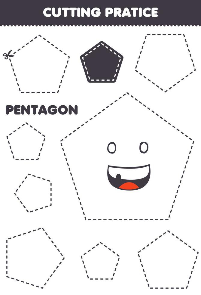 jeu éducatif pour les enfants pratique de coupe avec feuille de travail imprimable pentagone de forme géométrique vecteur