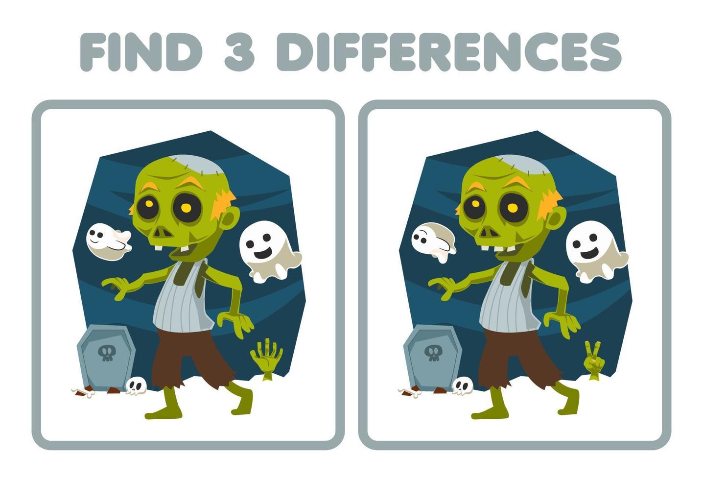 jeu éducatif pour les enfants trouver trois différences entre deux feuilles de travail imprimables de costume de zombie de dessin animé mignon halloween vecteur