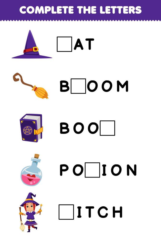 jeu d'éducation pour les enfants compléter les lettres de dessin animé mignon chapeau balai livre potion sorcière halloween feuille de calcul imprimable vecteur