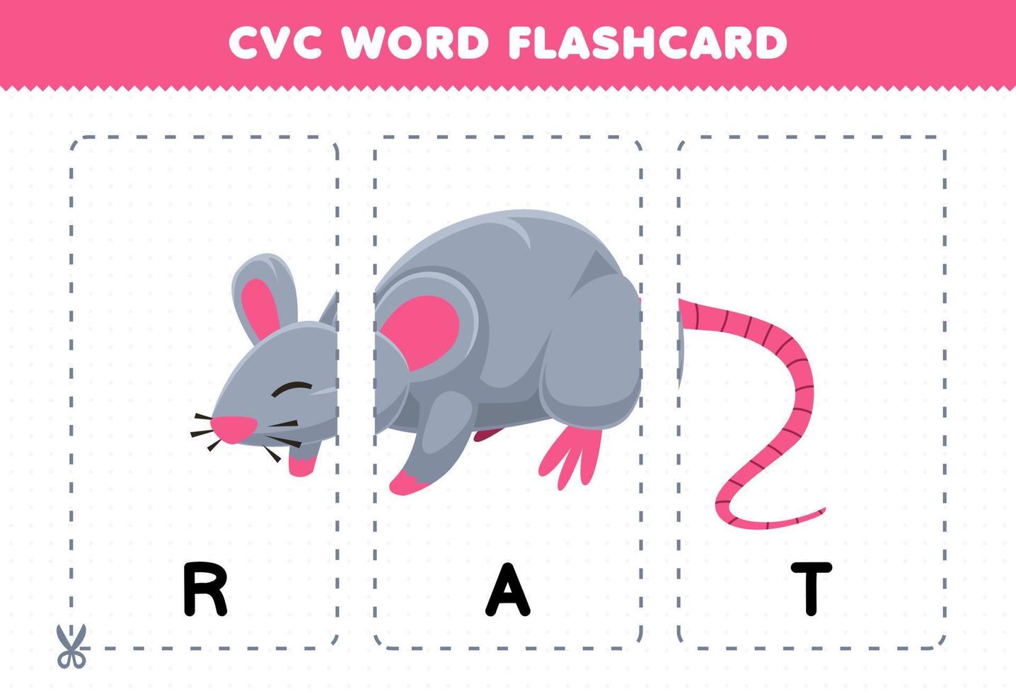 jeu d'éducation pour les enfants apprenant le mot de consonne de voyelle de consonne avec une carte flash imprimable d'illustration de rat de dessin animé mignon vecteur