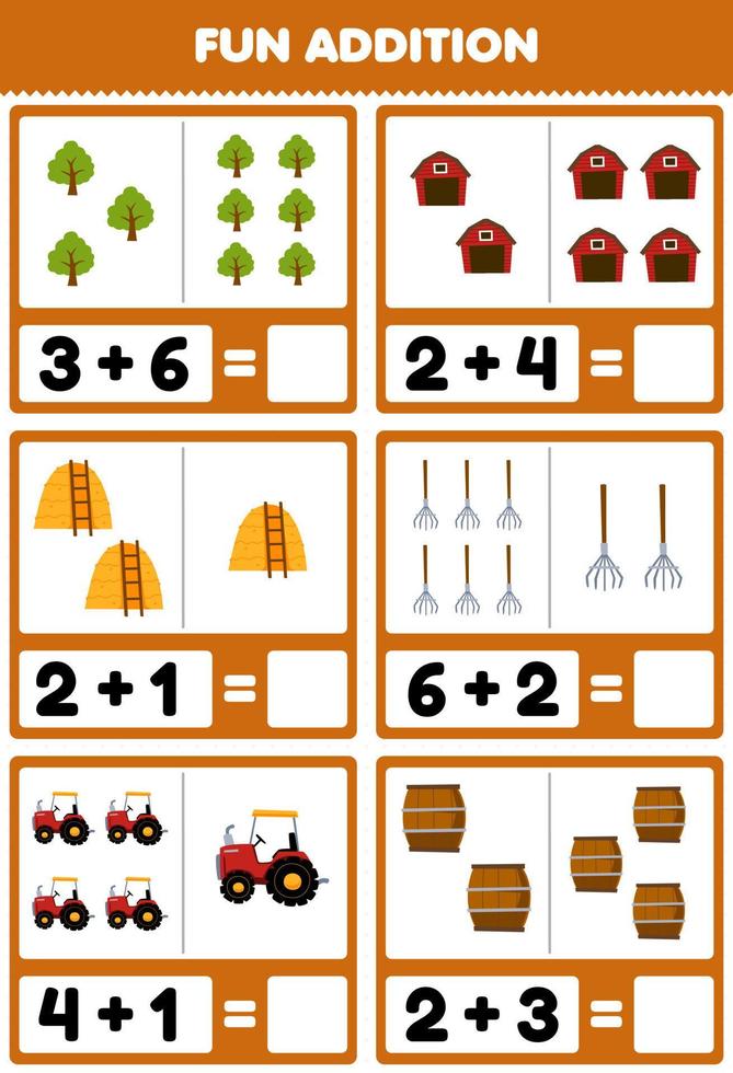 jeu éducatif pour les enfants addition amusante en comptant et en faisant la somme de dessin animé mignon arbre grange râteau botte de foin tracteur baril feuille de travail agricole imprimable vecteur